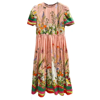 Модерни дизайнерски Летни дамски ежедневни рокли за почивка и партита с принтом заек с къс ръкав в розов цвят