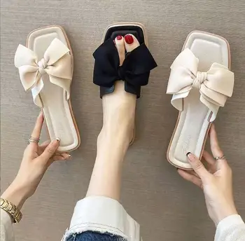 2023 Дамски сандали на равна подметка с папийонка, модни дамски чехли, дамски обувки