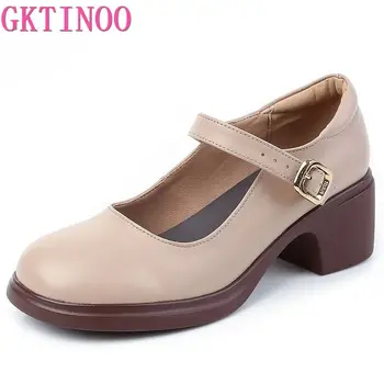 GKTINOO / 2023 г. Пролет-Есен Дамски обувки; Дамски обувки-лодка от естествена кожа; Дамски обувки на платформа с кръгло бомбе и фин Пръсти на Висок ток