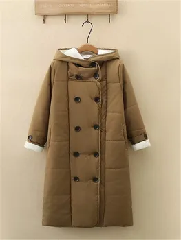 Дамски дрехи големи размери, Ново зимно висококачествени памучни палто с качулка, Двубортная дълга термокуртка с подплата от овча козина, козина