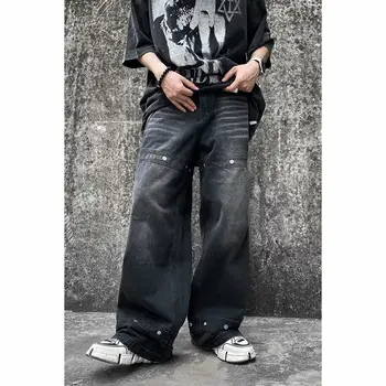 Дънки Y2k с метални копчета, модни реколта дънки с две завязками, мъжки тенденция на улични Свободни директни ежедневни панталони с широки штанинами