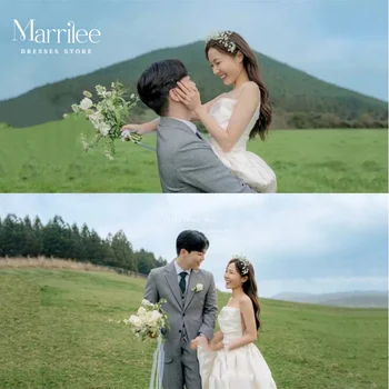 Корейското сватбена рокля за фотосесия Елегантни сатенени сватбени рокли за спагети презрамки трапецовидна форма, без ръкави, вечерни рокли, 2024 г.