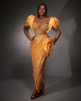 Луксозни Нигерийски Жълти вечерни рокли за сватби, вечерни рокли Aso Ebi с пайети, Африканските вечерна рокля с дълги ръкави, расшитое мъниста, 2023