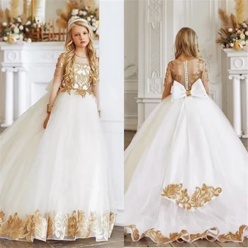 Луксозно рокля с цветя, завързана аппликацией и носа за малко момиченце, принцеса, рокля за вашата сватба, рожден ден, първото причастие