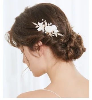 Модни нежни бели керамични цветя с жемчужными мъниста от просо, гребен за коса за младоженци, аксесоари за коса за жени на бала, бижута