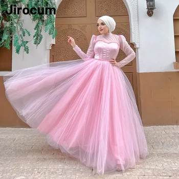 Розова рокля за бала Jirocum с високо воротом, дамски официални рокли за мюсюлманската партита от тюл, расшитого мъниста, големи размери, рокли за официални събития в Саудитска Арабия
