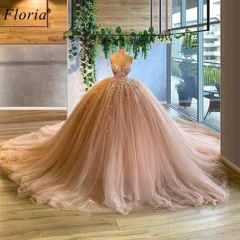 Розова сватбена рокля на принцеса, бална рокля с цветя във формата на сърце, сватбени рокли за бременни, рокли за булки Vestido De Noiva